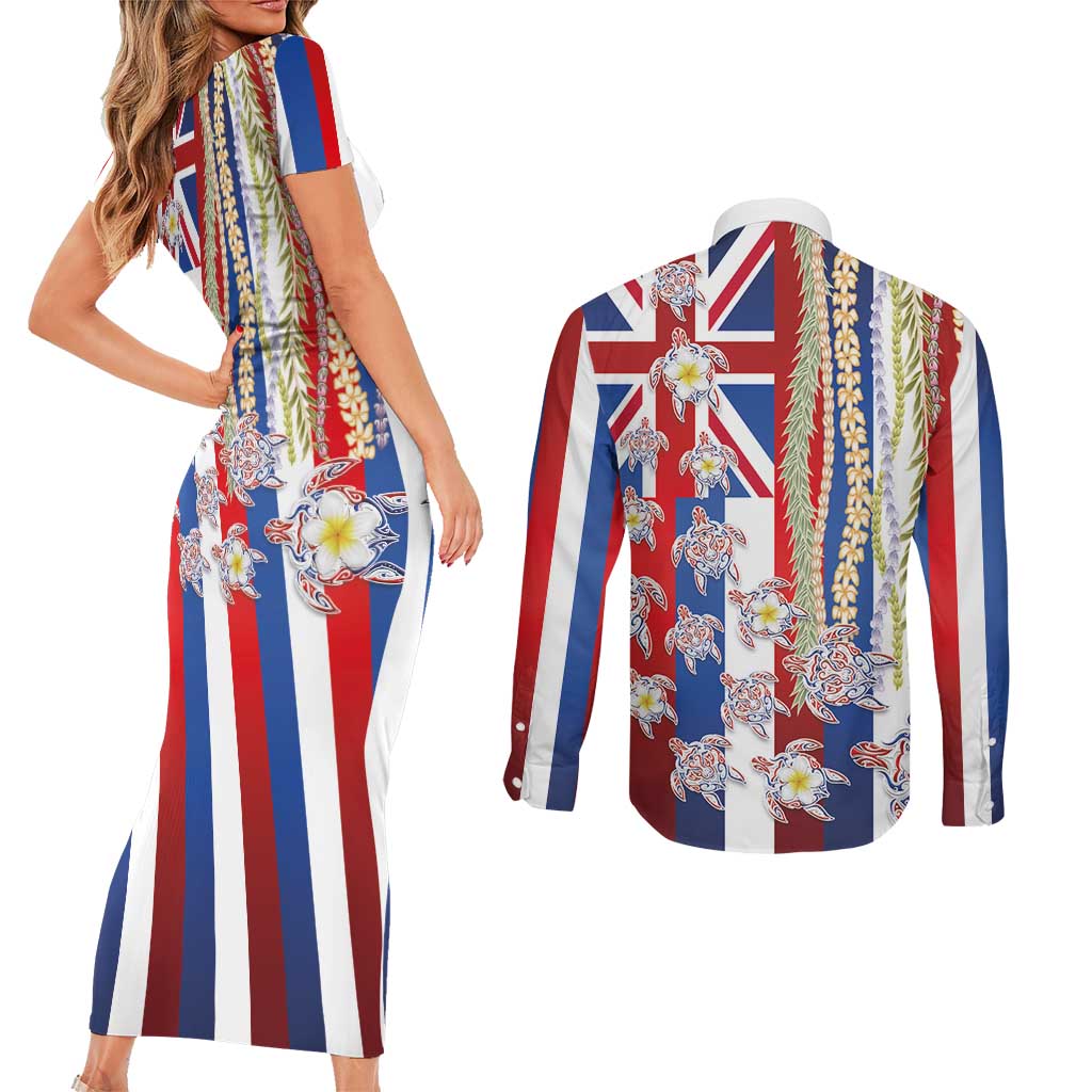 Hawaiian Polynesian Tribal Turtles Couples Matching Short Sleeve Bodycon Dress and Long Sleeve Button Shirt with Lei and Flag Style