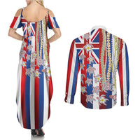 Hawaiian Polynesian Tribal Turtles Couples Matching Summer Maxi Dress and Long Sleeve Button Shirt with Lei and Flag Style