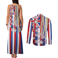 Hawaiian Polynesian Tribal Turtles Couples Matching Tank Maxi Dress and Long Sleeve Button Shirt with Lei and Flag Style