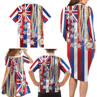 Hawaiian Polynesian Tribal Turtles Family Matching Long Sleeve Bodycon Dress and Hawaiian Shirt with Lei and Flag Style LT03 - Polynesian Pride