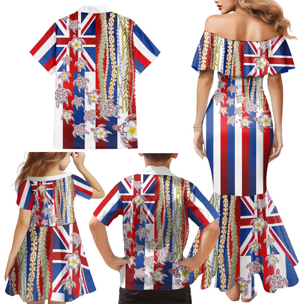 Hawaiian Polynesian Tribal Turtles Family Matching Mermaid Dress and Hawaiian Shirt with Lei and Flag Style LT03 - Polynesian Pride