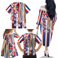 Hawaiian Polynesian Tribal Turtles Family Matching Off The Shoulder Long Sleeve Dress and Hawaiian Shirt with Lei and Flag Style LT03 - Polynesian Pride