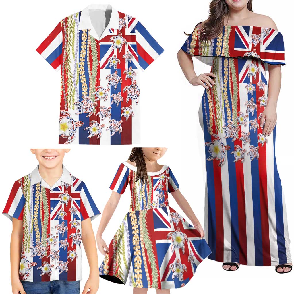 Hawaiian Polynesian Tribal Turtles Family Matching Off Shoulder Maxi Dress and Hawaiian Shirt with Lei and Flag Style
