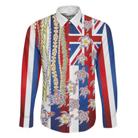 Hawaiian Polynesian Tribal Turtles Family Matching Off Shoulder Maxi Dress and Hawaiian Shirt with Lei and Flag Style LT03 Dad's Shirt - Long Sleeve Multicolor - Polynesian Pride