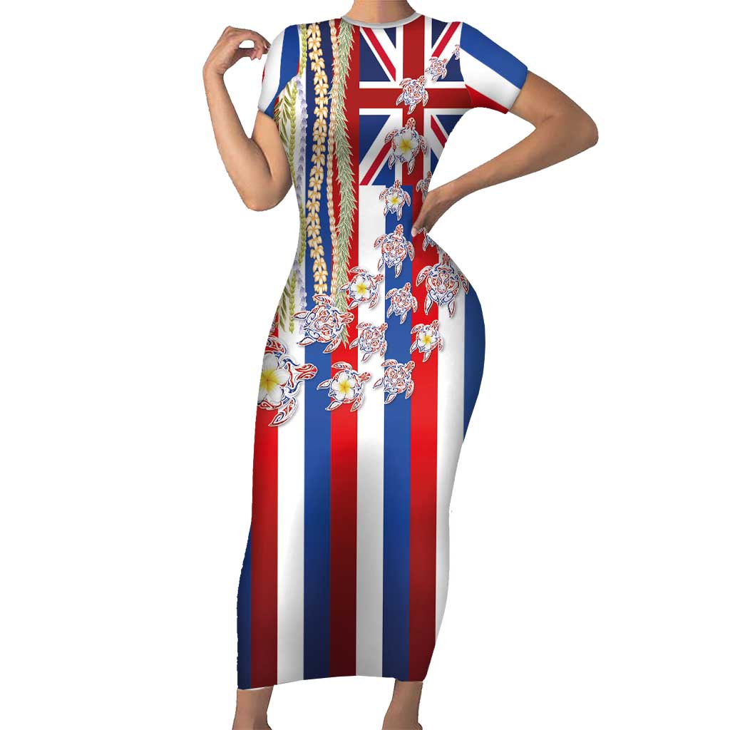 Hawaiian Polynesian Tribal Turtles Family Matching Short Sleeve Bodycon Dress and Hawaiian Shirt with Lei and Flag Style LT03 Mom's Dress Multicolor - Polynesian Pride