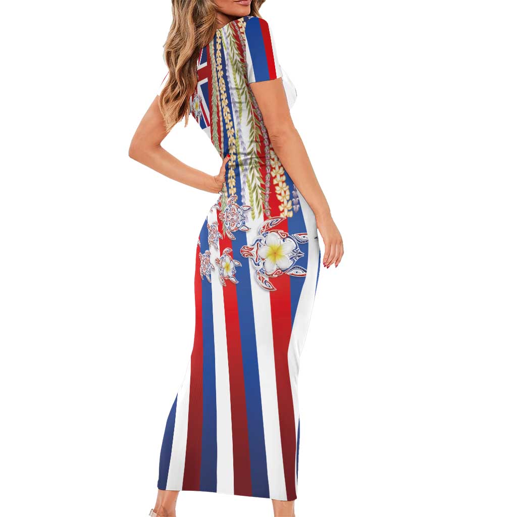 Hawaiian Polynesian Tribal Turtles Family Matching Short Sleeve Bodycon Dress and Hawaiian Shirt with Lei and Flag Style LT03 - Polynesian Pride