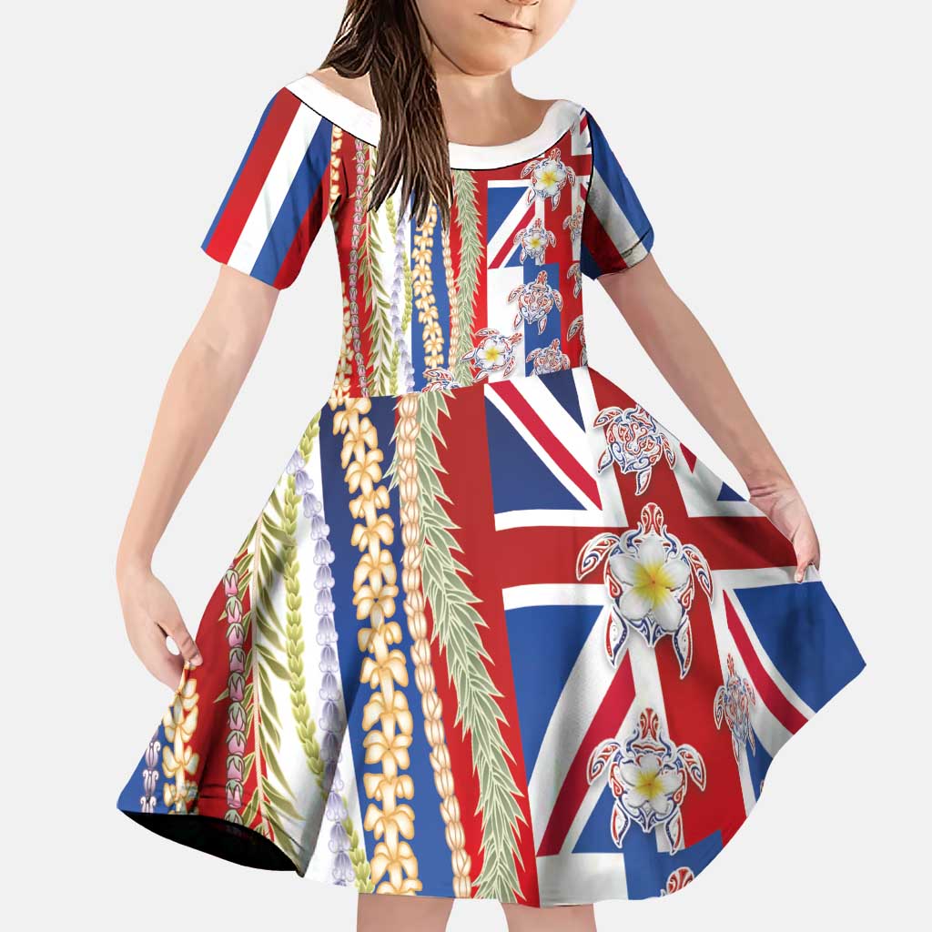 Hawaiian Polynesian Tribal Turtles Family Matching Summer Maxi Dress and Hawaiian Shirt with Lei and Flag Style LT03 Daughter's Dress Multicolor - Polynesian Pride