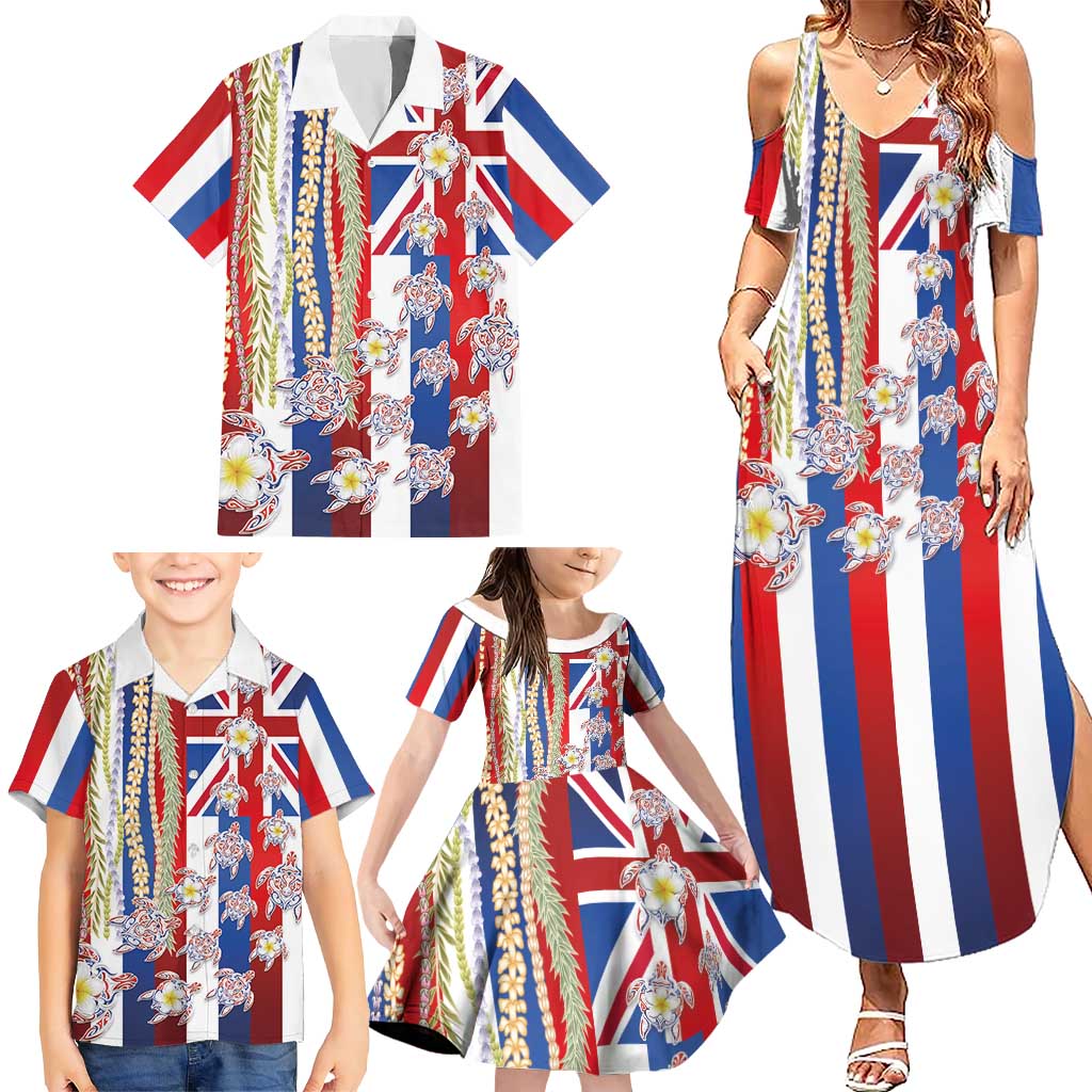 Hawaiian Polynesian Tribal Turtles Family Matching Summer Maxi Dress and Hawaiian Shirt with Lei and Flag Style