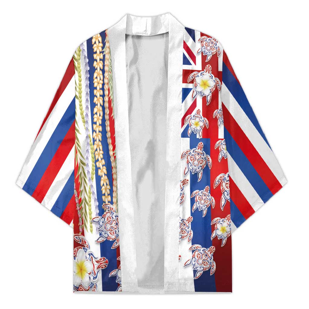 Hawaiian Polynesian Tribal Turtles Kimono with Lei and Flag Style
