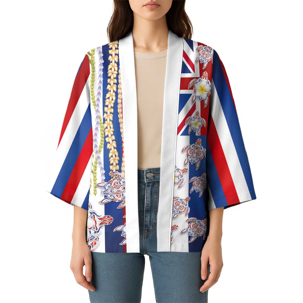 Hawaiian Polynesian Tribal Turtles Kimono with Lei and Flag Style