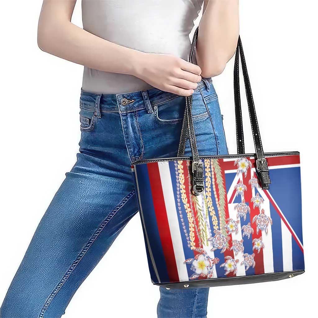 Hawaiian Polynesian Tribal Turtles Leather Tote Bag with Lei and Flag Style