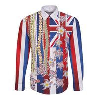 Hawaiian Polynesian Tribal Turtles Long Sleeve Button Shirt with Lei and Flag Style