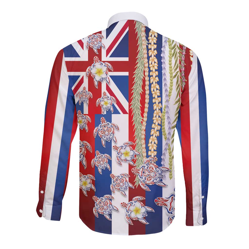 Hawaiian Polynesian Tribal Turtles Long Sleeve Button Shirt with Lei and Flag Style