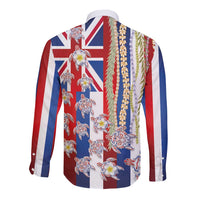 Hawaiian Polynesian Tribal Turtles Long Sleeve Button Shirt with Lei and Flag Style