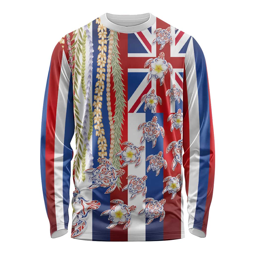 Hawaiian Polynesian Tribal Turtles Long Sleeve Shirt with Lei and Flag Style