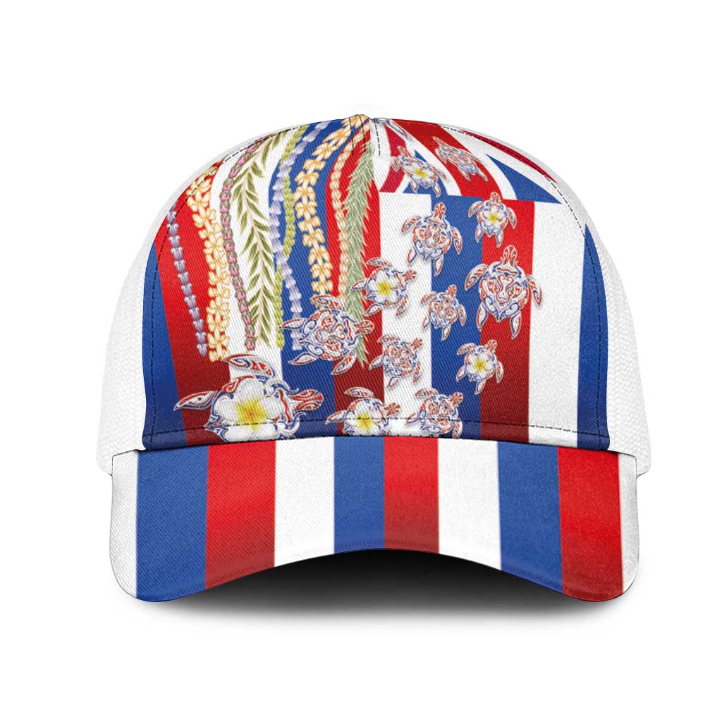 Hawaiian Polynesian Tribal Turtles Mesh Trucker Cap with Lei and Flag Style