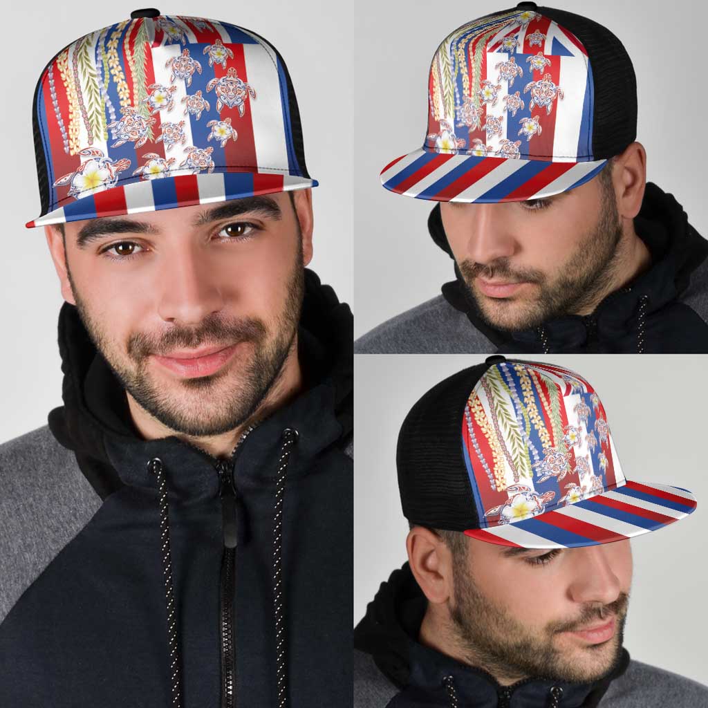 Hawaiian Polynesian Tribal Turtles Mesh Trucker Cap with Lei and Flag Style