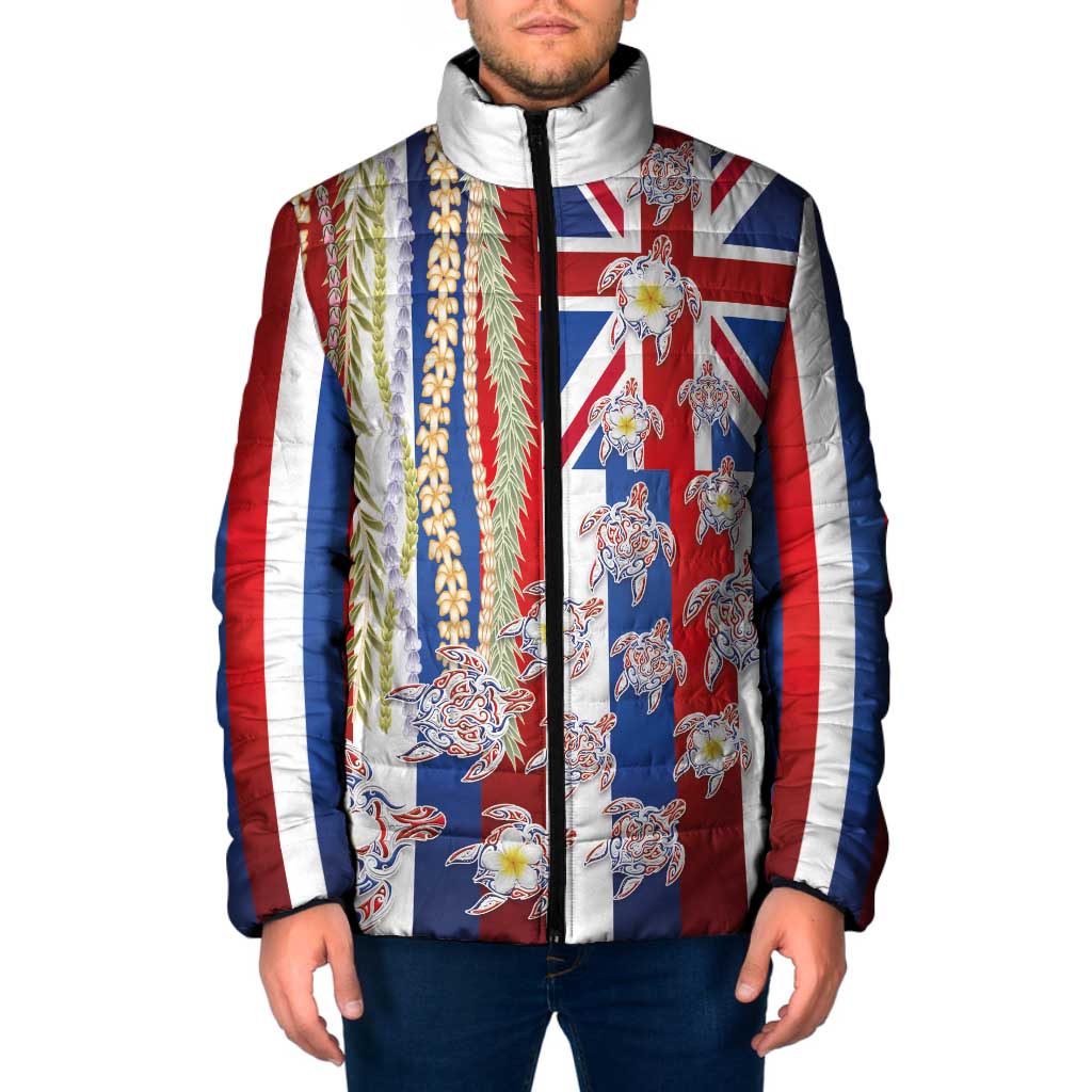Hawaiian Polynesian Tribal Turtles Padded Jacket with Lei and Flag Style