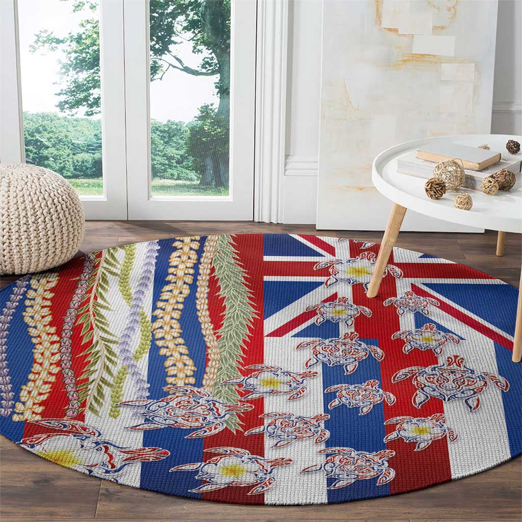 Hawaiian Polynesian Tribal Turtles Round Carpet with Lei and Flag Style