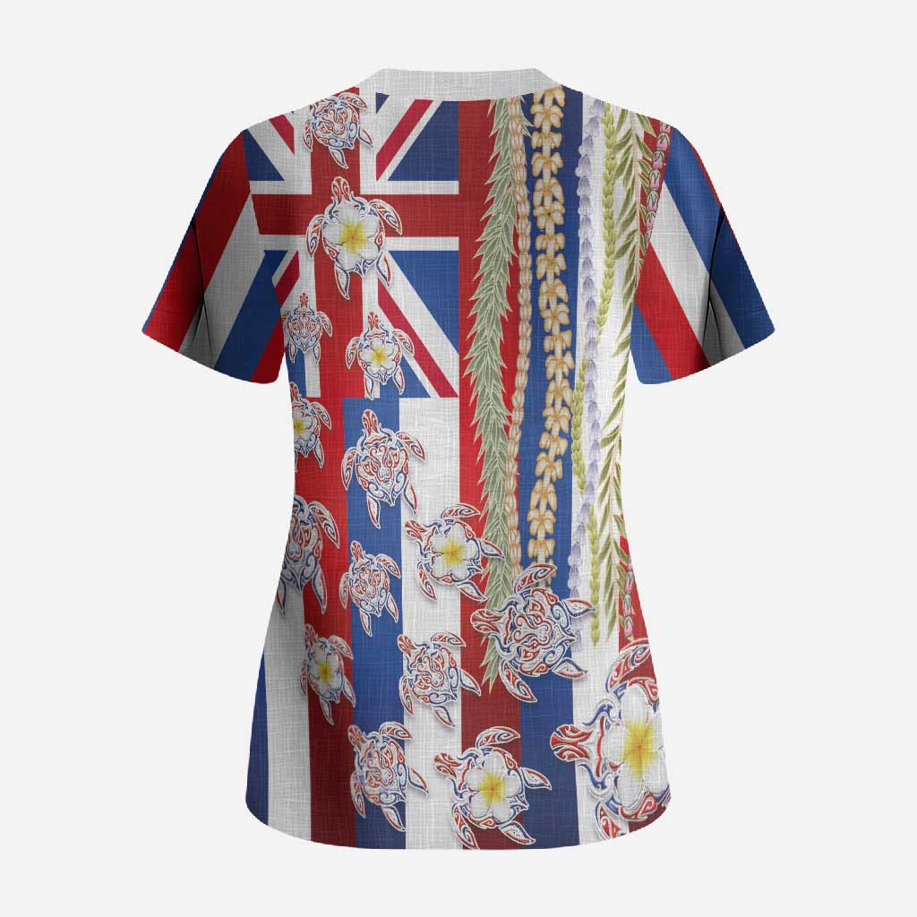 Hawaiian Polynesian Tribal Turtles Scrub Top with Lei and Flag Style