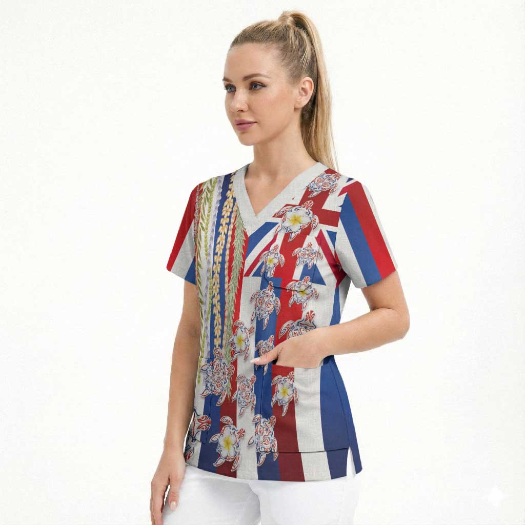 Hawaiian Polynesian Tribal Turtles Scrub Top with Lei and Flag Style