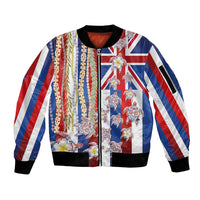 Hawaiian Polynesian Tribal Turtles Sleeve Zip Bomber Jacket with Lei and Flag Style