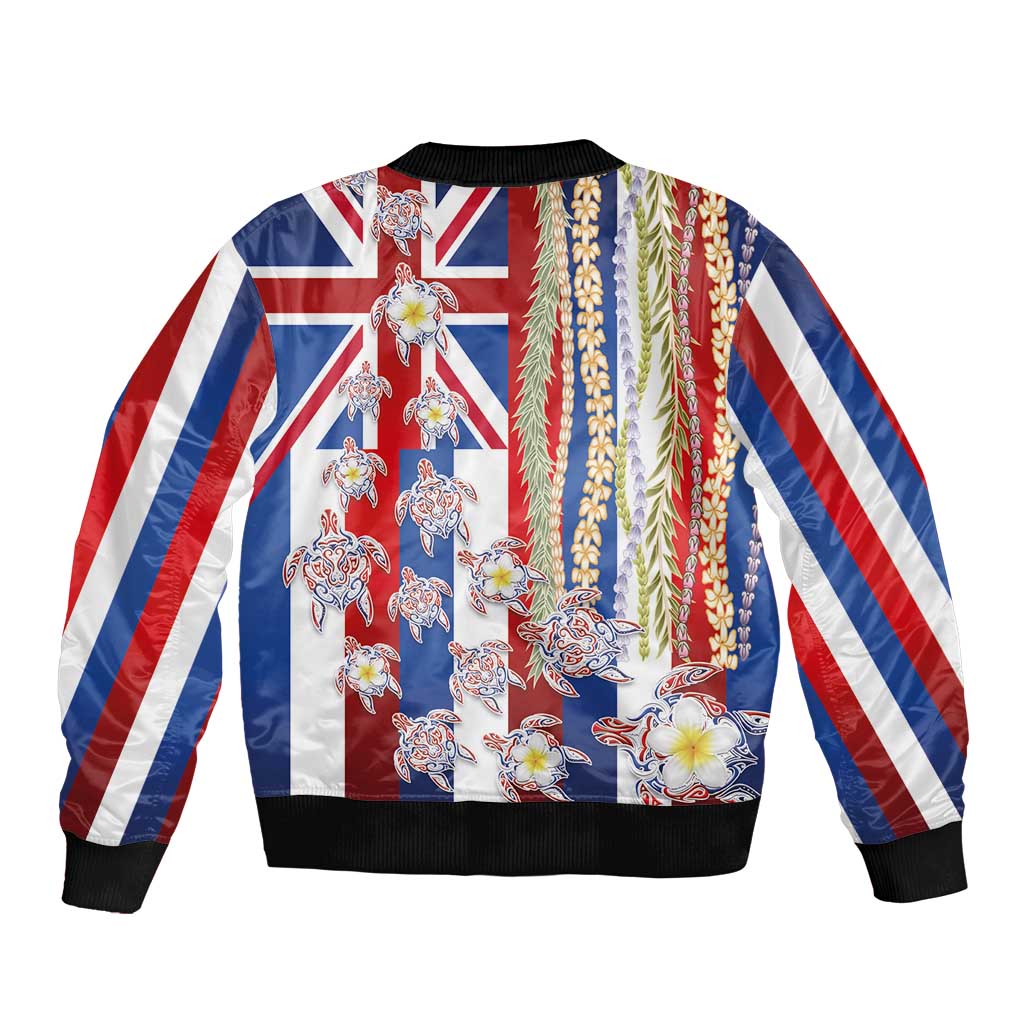 Hawaiian Polynesian Tribal Turtles Sleeve Zip Bomber Jacket with Lei and Flag Style