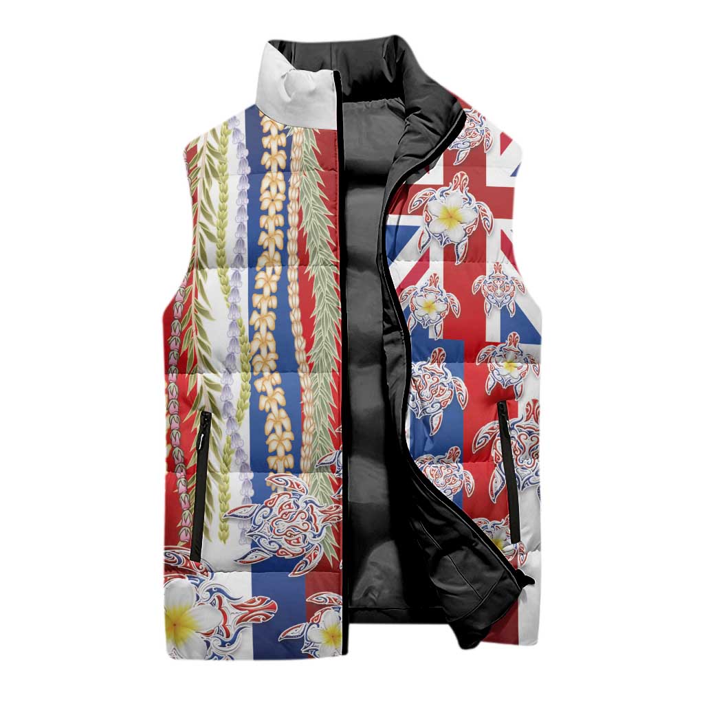 Hawaiian Polynesian Tribal Turtles Sleeveless Puffer Jacket with Lei and Flag Style
