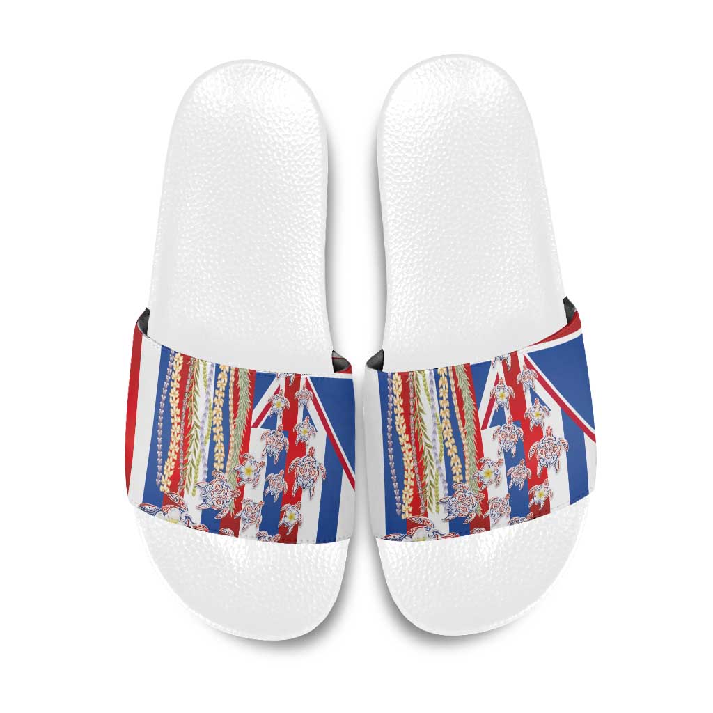 Hawaiian Polynesian Tribal Turtles Slide Sandals with Lei and Flag Style