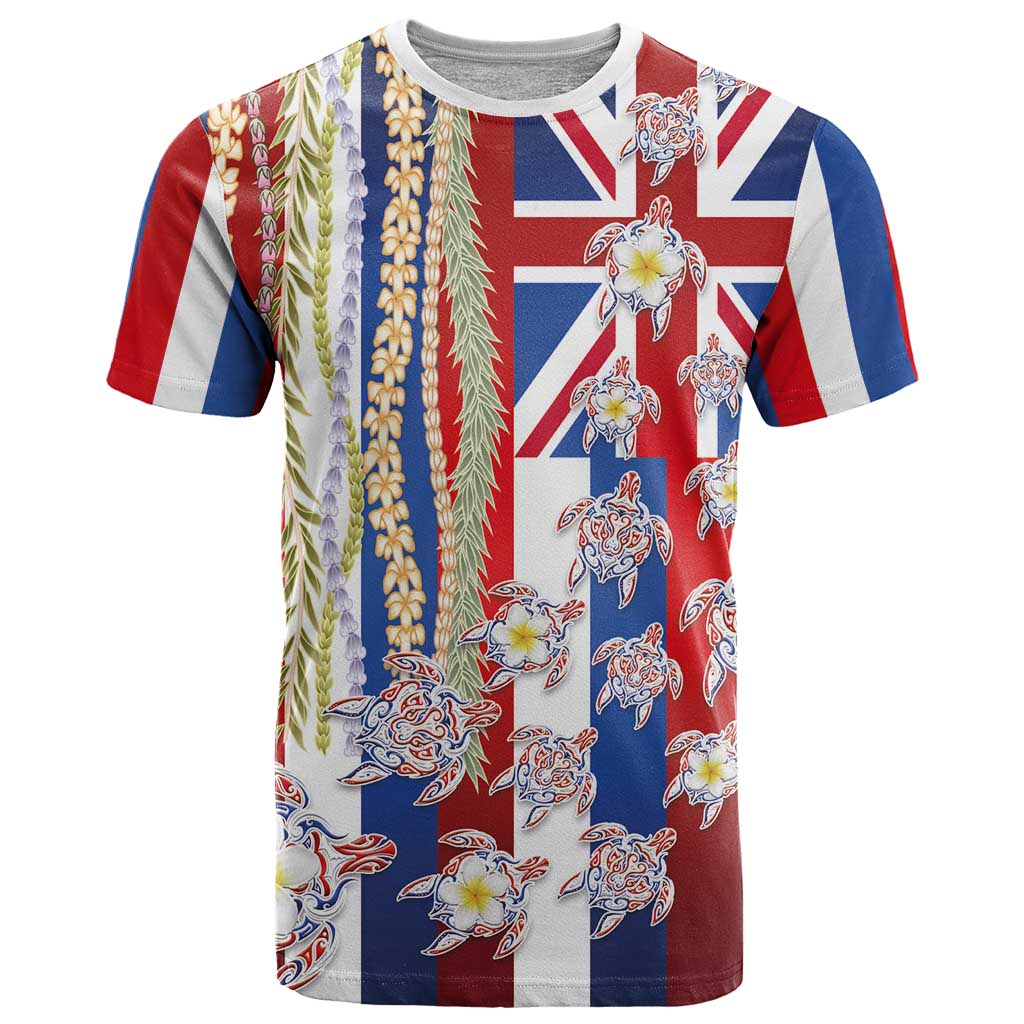 Hawaiian Polynesian Tribal Turtles T Shirt with Lei and Flag Style