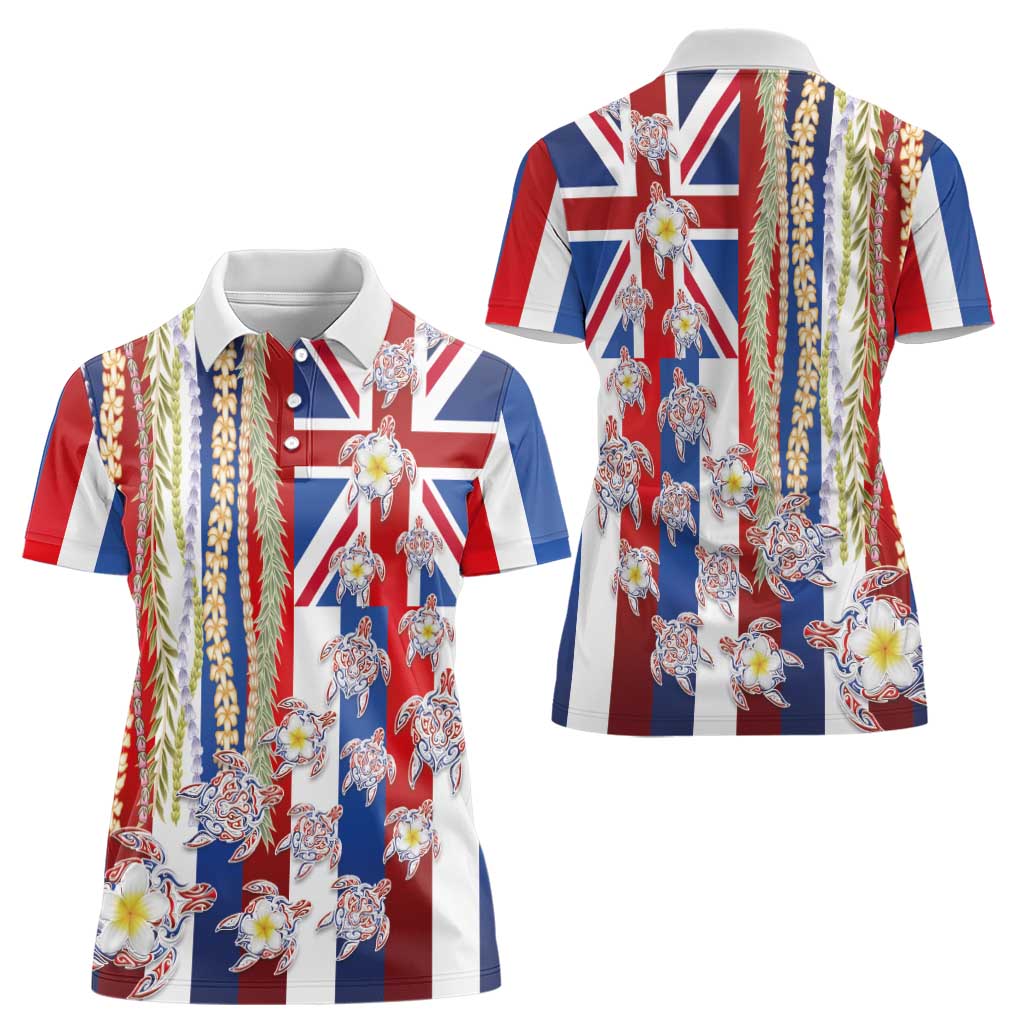 Hawaiian Polynesian Tribal Turtles Women Polo Shirt with Lei and Flag Style