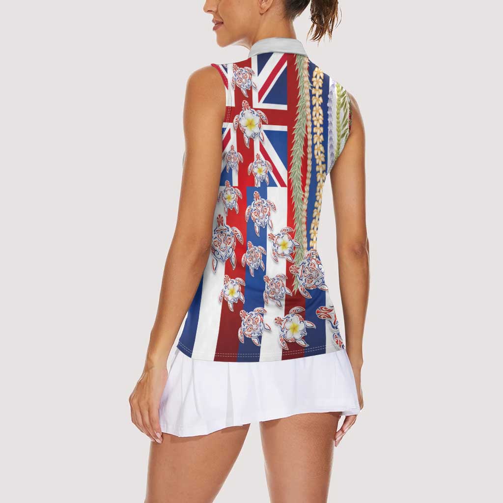 Hawaiian Polynesian Tribal Turtles Women Sleeveless Polo Shirt with Lei and Flag Style