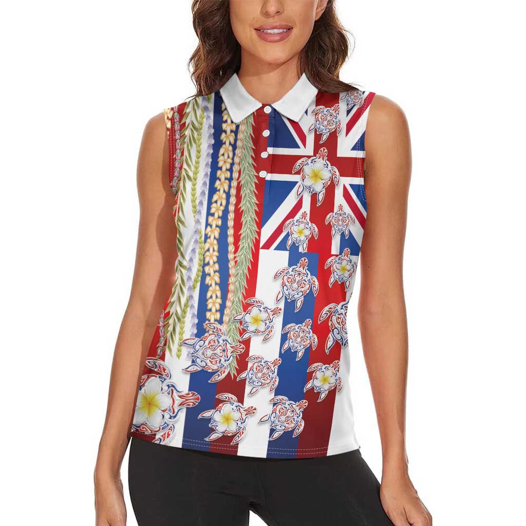 Hawaiian Polynesian Tribal Turtles Women Sleeveless Polo Shirt with Lei and Flag Style