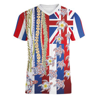 Hawaiian Polynesian Tribal Turtles Women V-Neck T-Shirt with Lei and Flag Style
