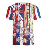 Hawaiian Polynesian Tribal Turtles Women V-Neck T-Shirt with Lei and Flag Style