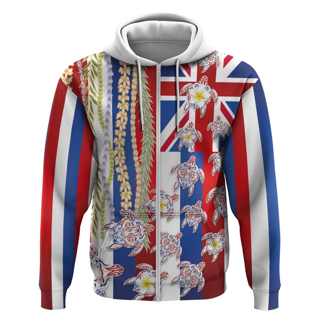 Hawaiian Polynesian Tribal Turtles Zip Hoodie with Lei and Flag Style