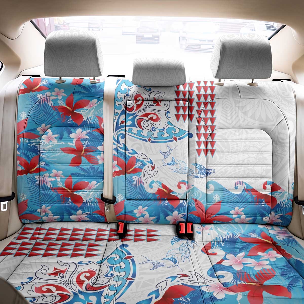 Hawaiian Tribal Manta Ray Back Car Seat Cover Kakau Tattoo and Flowers Surfing Waves Pattern Ocean Color