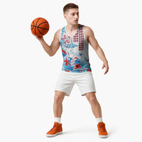 Hawaiian Tribal Manta Ray Basketball Jersey Kakau Tattoo and Flowers Surfing Waves Pattern Ocean Color