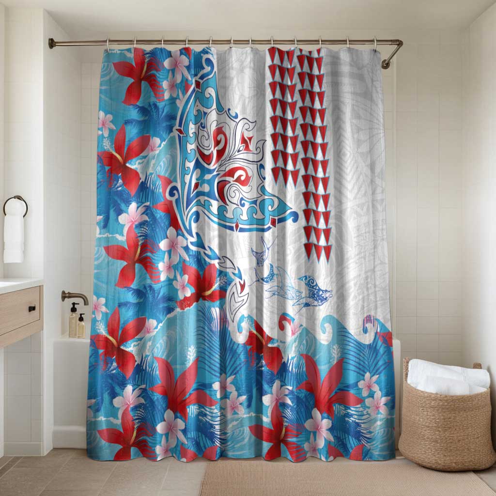 Hawaiian Tribal Manta Ray Bathroom Set Kakau Tattoo and Flowers Surfing Waves Pattern Ocean Color