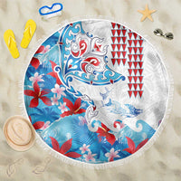 Hawaiian Tribal Manta Ray Beach Blanket Kakau Tattoo and Flowers Surfing Waves Pattern Ocean Color