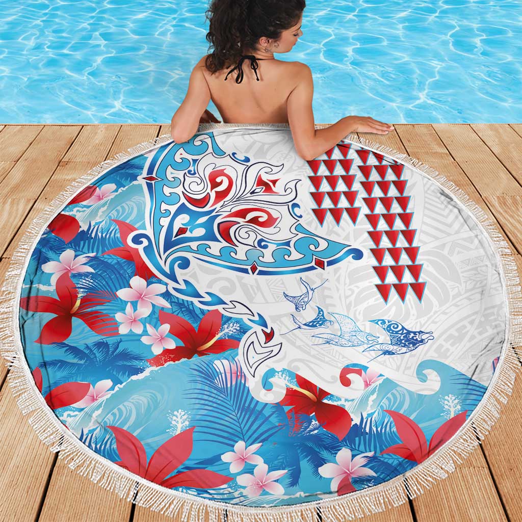 Hawaiian Tribal Manta Ray Beach Blanket Kakau Tattoo and Flowers Surfing Waves Pattern Ocean Color