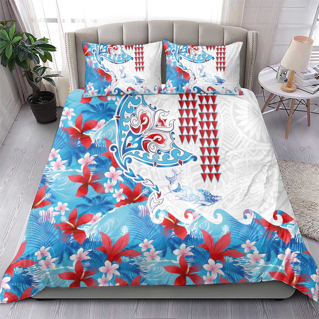 Hawaiian Tribal Manta Ray Bedding Set Kakau Tattoo and Flowers Surfing Waves Pattern Ocean Color