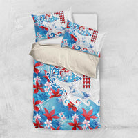 Hawaiian Tribal Manta Ray Bedding Set Kakau Tattoo and Flowers Surfing Waves Pattern Ocean Color
