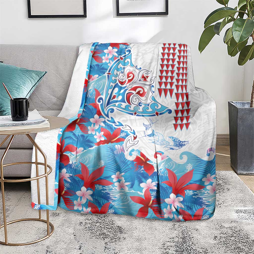 Hawaiian Tribal Manta Ray Blanket Kakau Tattoo and Flowers Surfing Waves Pattern Ocean Color