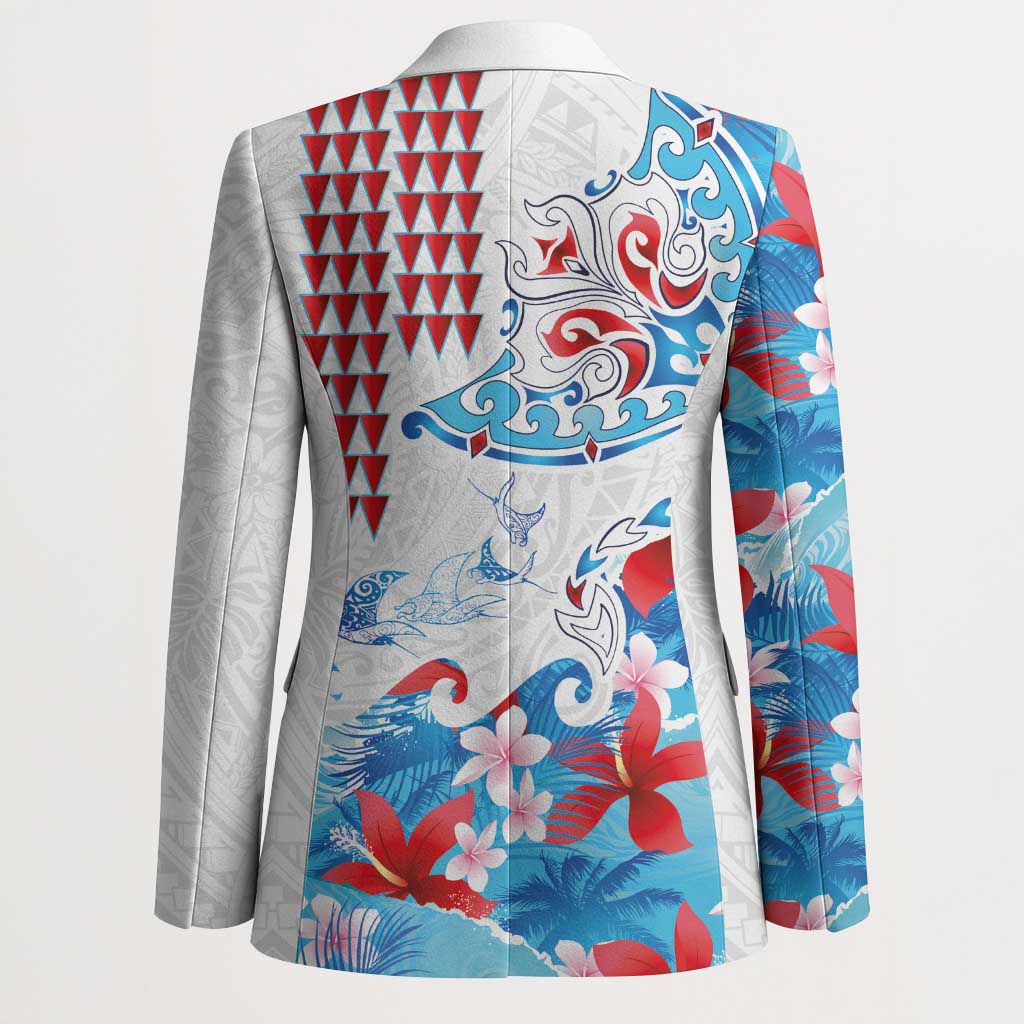 Hawaiian Tribal Manta Ray Blazer Kakau Tattoo and Flowers Surfing Waves Pattern Ocean Color