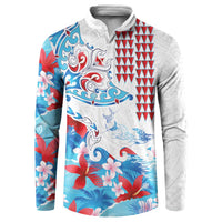 Hawaiian Tribal Manta Ray Button Sweatshirt Kakau Tattoo and Flowers Surfing Waves Pattern Ocean Color
