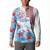 Hawaiian Tribal Manta Ray Button Sweatshirt Kakau Tattoo and Flowers Surfing Waves Pattern Ocean Color