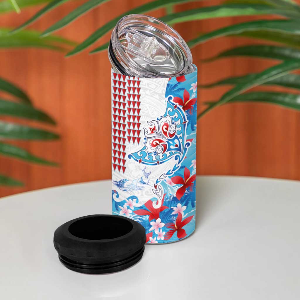 Hawaiian Tribal Manta Ray 4 in 1 Can Cooler Tumbler Kakau Tattoo and Flowers Surfing Waves Pattern Ocean Color LT03 - Polynesian Pride
