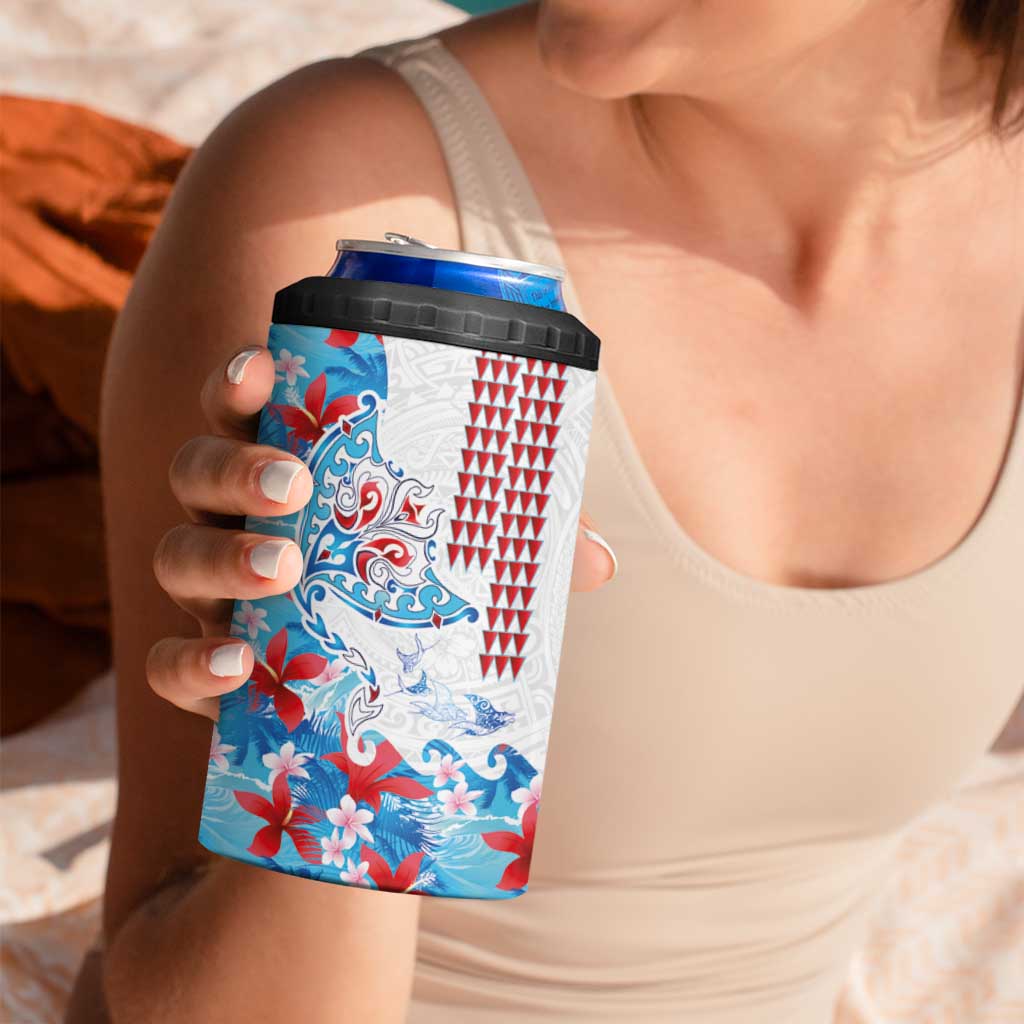 Hawaiian Tribal Manta Ray 4 in 1 Can Cooler Tumbler Kakau Tattoo and Flowers Surfing Waves Pattern Ocean Color LT03 - Polynesian Pride