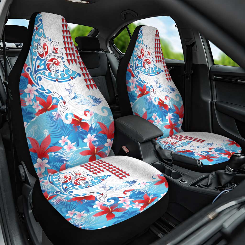 Hawaiian Tribal Manta Ray Car Seat Cover Kakau Tattoo and Flowers Surfing Waves Pattern Ocean Color